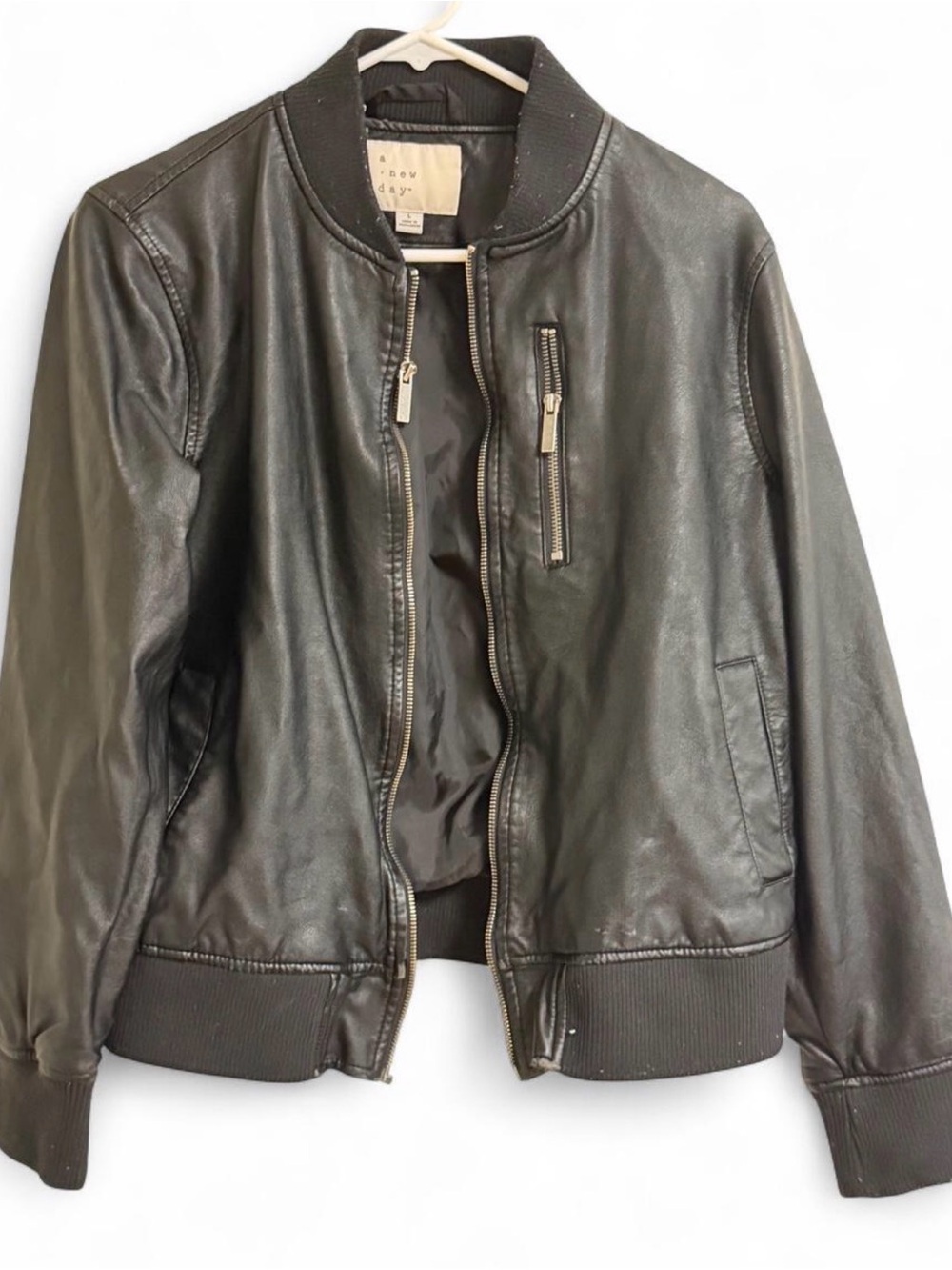 a new day Women's Black Leather Bomber Jacket with Zip Pockets
